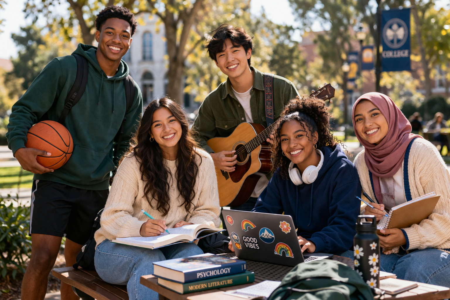 College campus friendships in warm sunlight